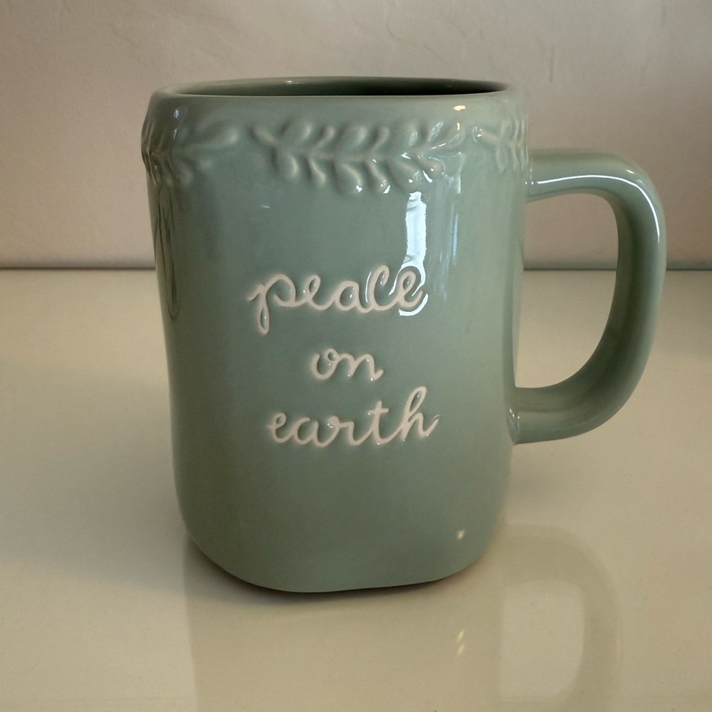 Rae Dunn Ceramic “peace on earth” Mug in sage green